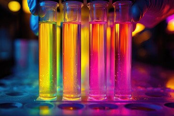 Vibrant Chemical Reactions in Glowing Test Tubes Illuminated by Neon Colors in a Lab Setting