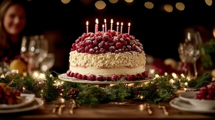 A festive cherry cake with lit candles sits on a table decorated with pine branches and warm lighting. A blurred figure is seen in the background