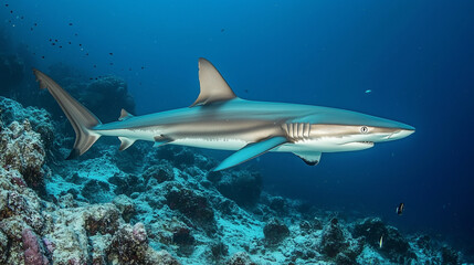 Obraz premium Grey reef shark gliding near colorful corals, revealing marine ecosystem's dynamic balance and underwater predator's fluid movement