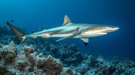 Grey reef shark gliding gracefully over a vibrant coral reef, surrounded by the deep blue ocean, showcases the beauty of marine life