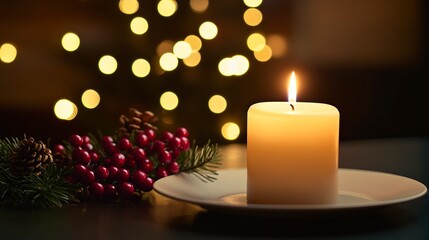 Christmas candle on table with bokeh lights in background, space for text stock photo contest winner, christmas dinner place setting, warm and inviting, candlelight, romantic atmosphere, 