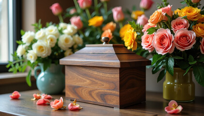 Charming cremation urn positioned amidst a beautiful floral display, signifying comfort and reflection for those in mourning.