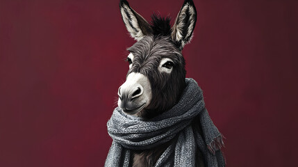 Donkey wearing a stylish scarf standing confidently with a charismatic and elegant presence exuding warmth and sophistication ultra-detailed high-quality studio portrait