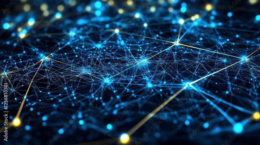 Poster abstract digital network visualization with connecting nodes and lights