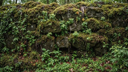 Mystical mossy wall with ferns and ivy in forest