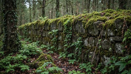 Mystical mossy wall with ferns and ivy in forest