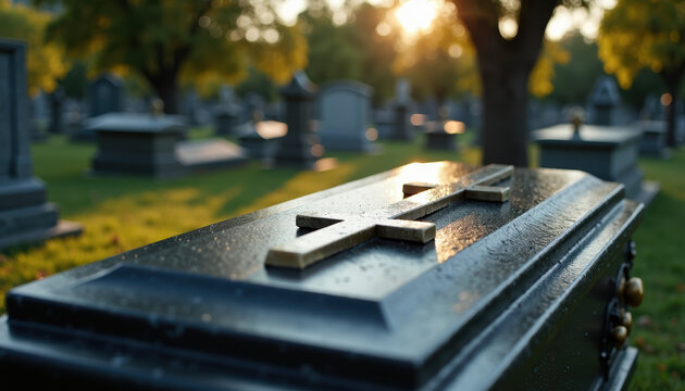 Serene view of a coffin with a cross resting in a cemetery bathed in soft sunlight, surrounded by gravestones, evoking a sense of peace, remembrance, and tranquility in a natural setting.