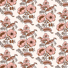 Indian Paisley Floral Seamless Vector Pattern in Mocha Mousse Color, Vintage Oriental Motif Print for Chintz fabric or Batik Indonesia Sarong, Arabesque Design