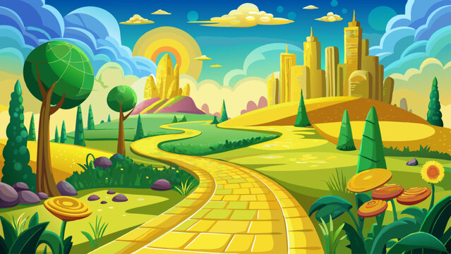 Enchanted yellow brick road leading to the magical emerald city in springtime