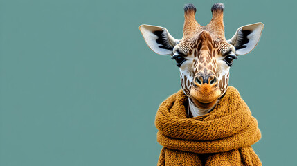 Giraffe wearing a stylish scarf standing confidently with an elegant and charismatic presence exuding sophistication and warmth ultra-detailed high-quality studio portrait