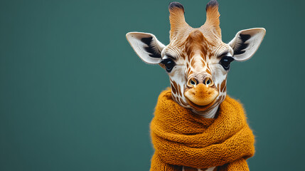 Giraffe wearing a stylish scarf standing confidently with an elegant and charismatic presence exuding sophistication and warmth ultra-detailed high-quality studio portrait