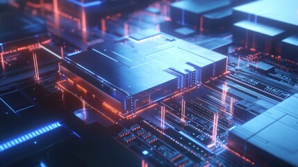 High tech circuit board design with glowing neon blue lines and nodes showcasing modern innovation