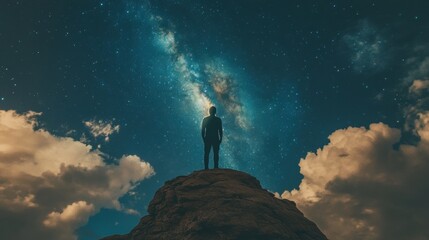 Fototapeta premium man silhouetted against milky way galaxy night sky