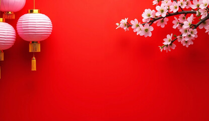 Happy chinese new year, year of the dragon zodiac sign hanging beautiful lantern and flowers on red background