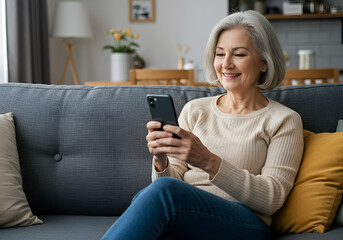 Happy middle aged older woman using smartphone sitting on couch at home. Smiling mature lady holding cellphone browsing internet, texting messages, doing online shopping on mobile cell phone on sofa.
