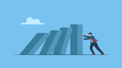 Businessman help stop or protect collapsing dominos symbolizes business crisis management, risk protection, insurance or help and support company avoiding dominos effect in economic crisis. 