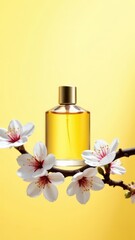 Product photography, perfume bottle standing on a branch of white cherry blossoms, thicker branches, artistic, light yellow gradient background,clean and simple, contrasting color design