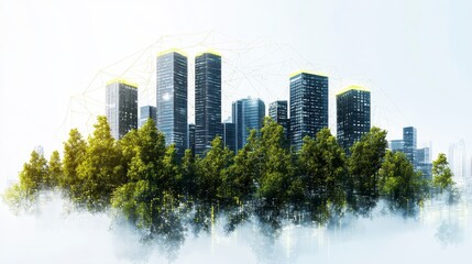 Fototapeta premium Futuristic city skyline emerging from lush green landscape, surrounded by a soft, ethereal mist. Bright, modern buildings contrast with vibrant green