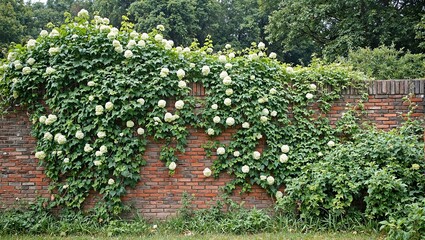 Wild climbing hydrangeas reclaiming abandoned brick wall blending lush green leaves with soft white blooms