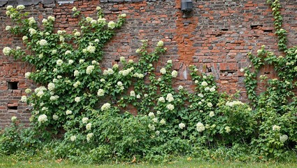 Wild climbing hydrangeas reclaiming abandoned brick wall blending lush green leaves with soft white blooms