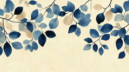 Blue and Beige Leaves on Branches Artistic Design