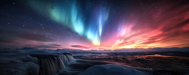 Majestic Northern Lights Illuminating a Frozen Landscape at Dusk