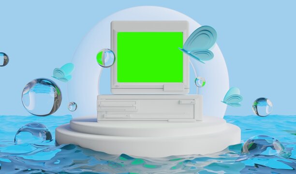 retro-future y2k 2000s frutiger aero aqua web 2.0 gloss with stage podium for product display showcase, 3d illustration rendering abstract background