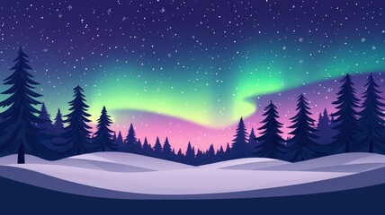 Serene Night Landscape with Northern Lights over Snowy Forest