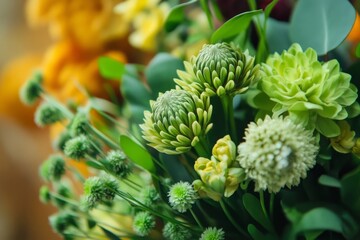 Close-up of fresh green chrysanthemum flowers blooming in a bouquet, with blurred yellow flowers creating a vibrant backdrop