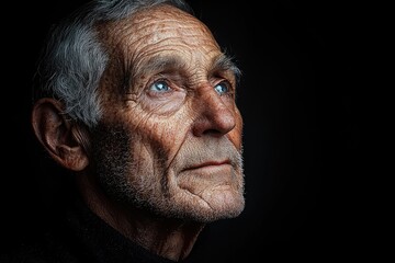 A weathered old man looks upward in contemplation on a black background