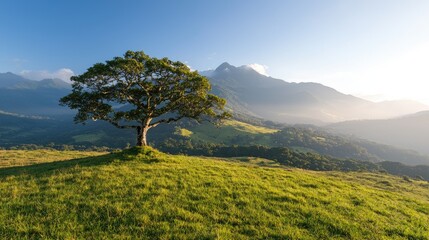 Fototapeta premium Lone tree on hilltop, sunrise over mountains. Peaceful landscape for nature or travel promotion