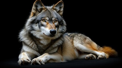 Obraz premium Gray wolf lying on black background