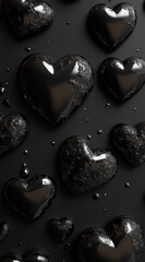 Obraz premium 3D black hearts on a black background, mobile phone wallpaper, love theme.Minimal creative Valentine's holiday concept.Copy space,flat lay 