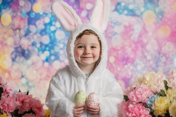Fototapeta premium Adorable toddler wearing a bunny costume, holding decorated easter eggs and smiling, with a bokeh background
