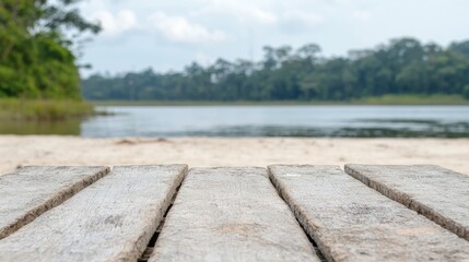 Fototapeta premium Wooden planks beach lake forest background, summer picnic