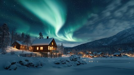 Serene Winter Scene with Northern Lights over Cozy Cabin
