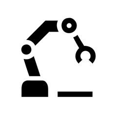  A bold black icon of an industrial robot arm on a white background. Represents automation, manufacturing, and technology.