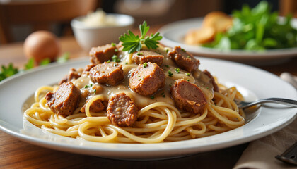 Fototapeta premium Creamy Spaghetti with Sausage and Herbs in a Cozy Dining Setting