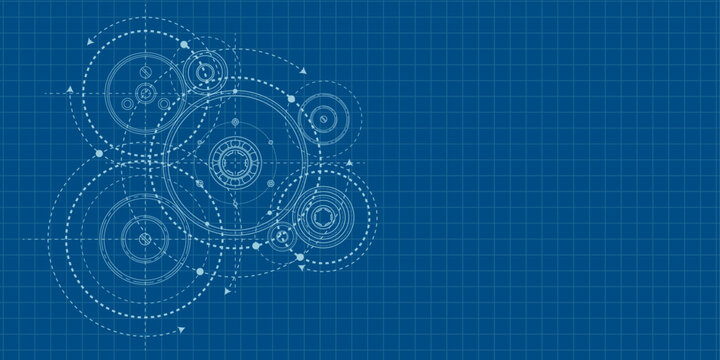 School education, study. Gears. Engineering industry. Technical drawing of gear .Technology background. Vector illustration.