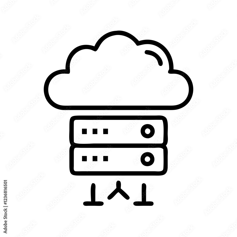 Poster a black outline icon of a cloud above two servers with upward-pointing arrows. use for cloud server 