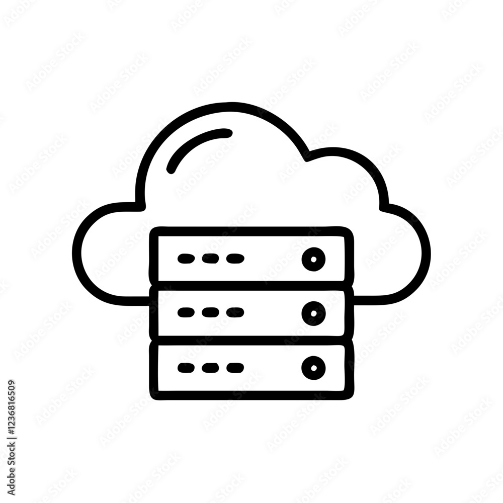 Poster a black outline icon of a cloud above two servers with upward-pointing arrows. use for cloud server 
