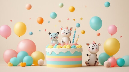 Obraz premium playful birthday scene featuring colorful cake with cute animal figurines, balloons