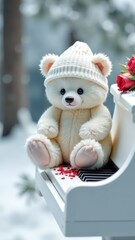 little ruffled white fluffy lump in a hat sits on the keys of a white piano, the keys are sprinkled with red rose petals, cute baby bear on a snow-white piano on the background