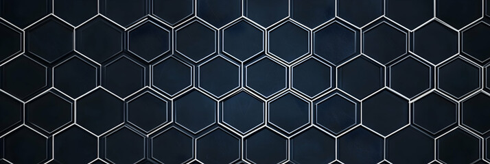 Dark blue background with white hexagon and line tech elements