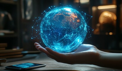 A hand gently cradles a glowing digital globe, representing global connection and technology.
