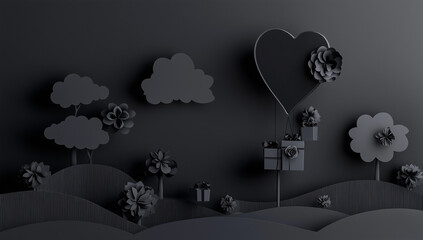 A minimalistic 3D design featuring  clouds,  trees, flowers, and a heart-shaped balloon carrying gift boxes, perfect for an elegant Valentine's Day card or promotional material.