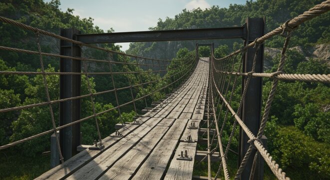Fototapeta A sagging rope bridge is gradually tightened by support beams, symbolizing reinforcement, resilience, and the strength gained through stability and support