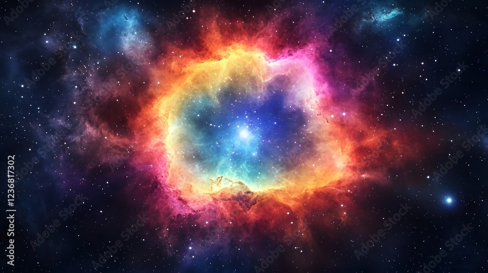 Poster breathtaking colorful cosmic nebula explosion with fiery energy and luminous plasma in the distant m