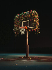 A basketball hoop made of fresh flowers stands on a basketball court, set against the night sky.