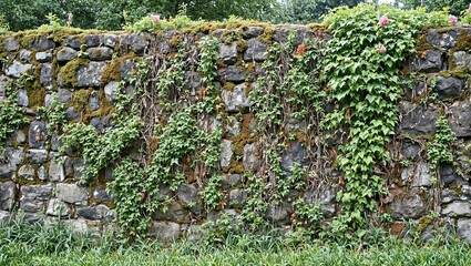 Lush nature reclaiming abandoned stone wall with ferns moss and flowering vines